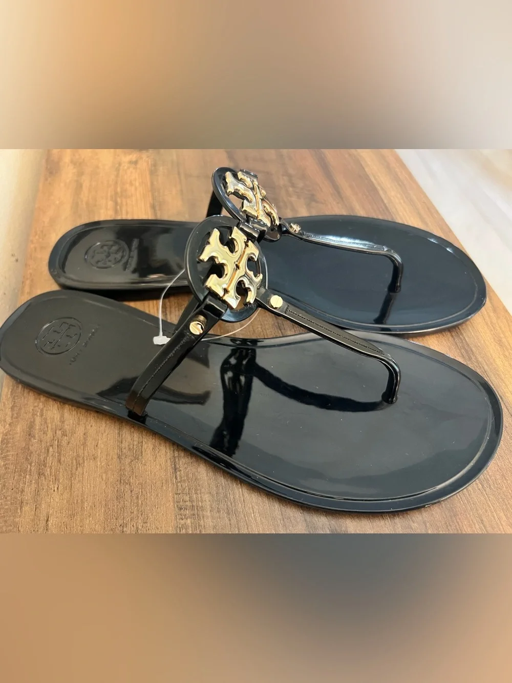 New Tory Burch Mini Miller Jelly Thong Sandal Black/Gold Size 10 $125
